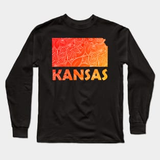 Colorful mandala art map of Kansas with text in red and orange Long Sleeve T-Shirt